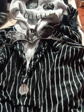 Striped Skull Hooded Plush Onsie with Bat Accent